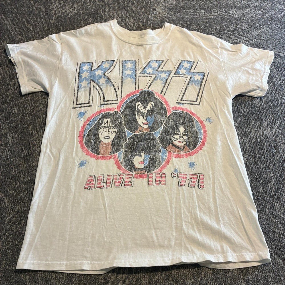 KISS Alive In 77 Band T-Shirt Men's S White Distressed Print Rock Tee